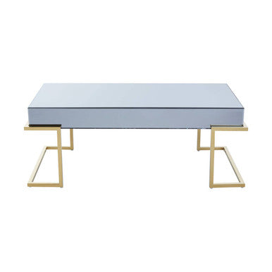 Grey Mirrored Top Coffee Table with Gold Finish Stainless Steel Sledge Base, Kaso