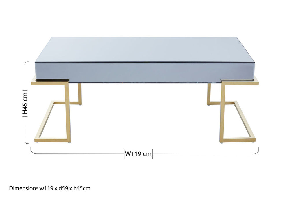 Grey Mirrored Top Coffee Table with Gold Finish Stainless Steel Sledge Base, Kaso