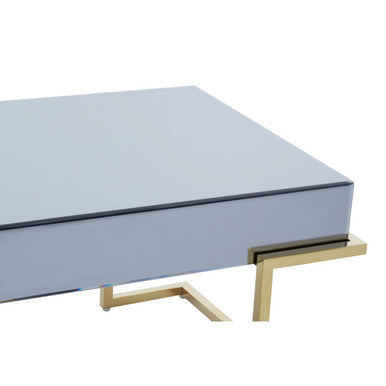 Grey Mirrored Top Coffee Table with Gold Finish Stainless Steel Sledge Base, Kaso