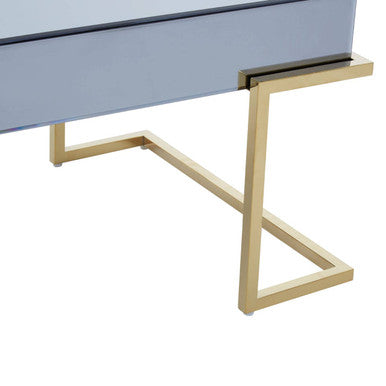 Grey Mirrored Top Coffee Table with Gold Finish Stainless Steel Sledge Base, Kaso