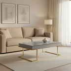 Grey Mirrored Top Coffee Table with Gold Finish Stainless Steel Sledge Base, Kaso