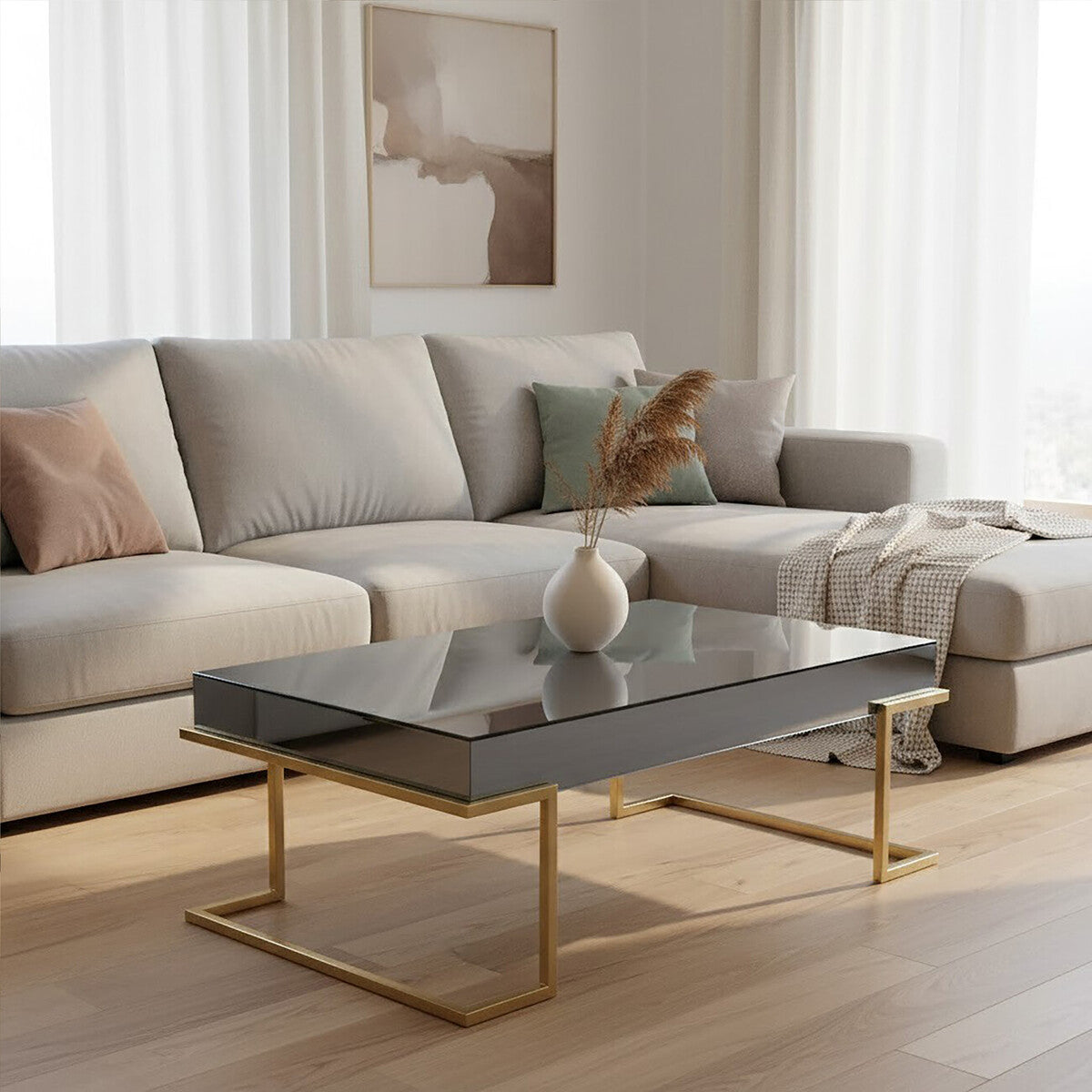 Grey Mirrored Top Coffee Table with Gold Finish Stainless Steel Sledge Base, Kaso