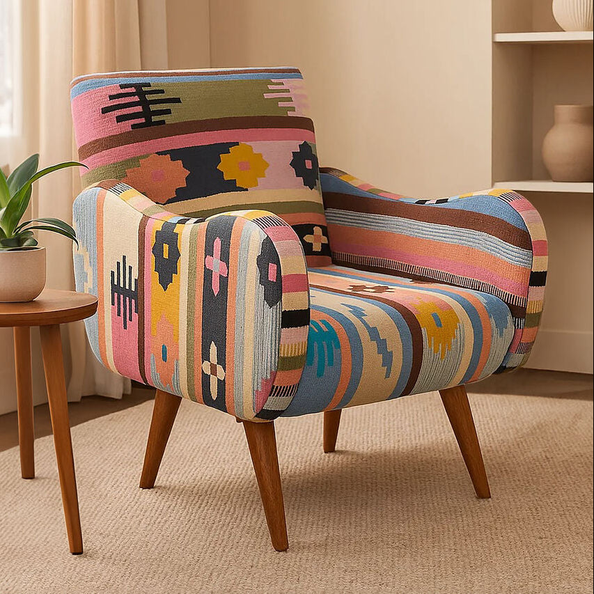 Multi Coloured Fabric Chair with Mango Wood Legs | Cefena