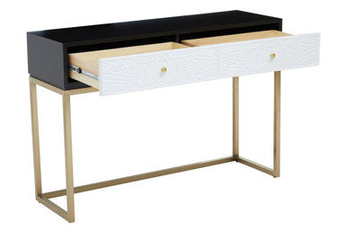 Black and White 2 Drawers Warm Metallic Finish Console Table with Gold Knob Handle | Dumas