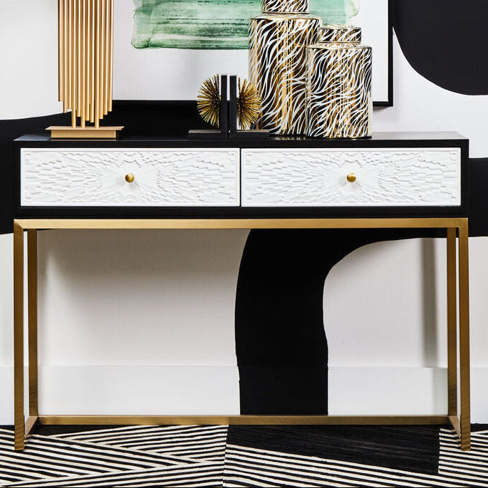 Black and White 2 Drawers Warm Metallic Finish Console Table with Gold Knob Handle | Dumas