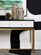Black and White 2 Drawers Warm Metallic Finish Console Table with Gold Knob Handle | Dumas