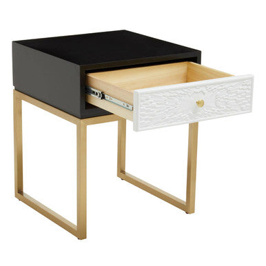 Black and White 1 Drawer Warm Metallic Finish Side Table with Gold Knob Handle | Dumas