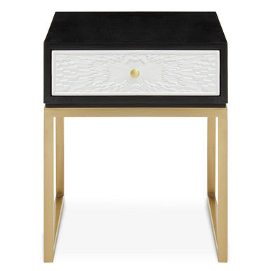Black and White 1 Drawer Warm Metallic Finish Side Table with Gold Knob Handle | Dumas