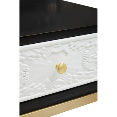 Black and White 1 Drawer Warm Metallic Finish Side Table with Gold Knob Handle | Dumas