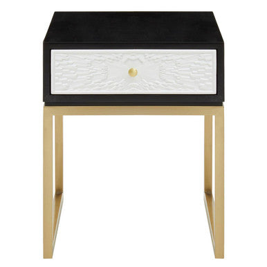 Black and White 1 Drawer Warm Metallic Finish Side Table with Gold Knob Handle | Dumas