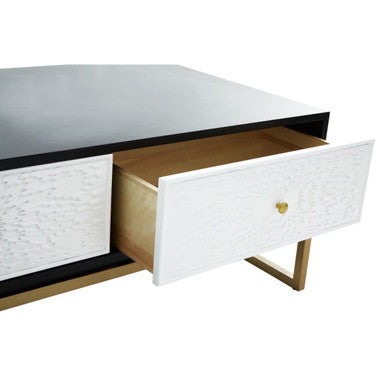 Black and White 4 Drawer Warm Metallic Finish Coffee Table with Gold Knob Handle | Dumas
