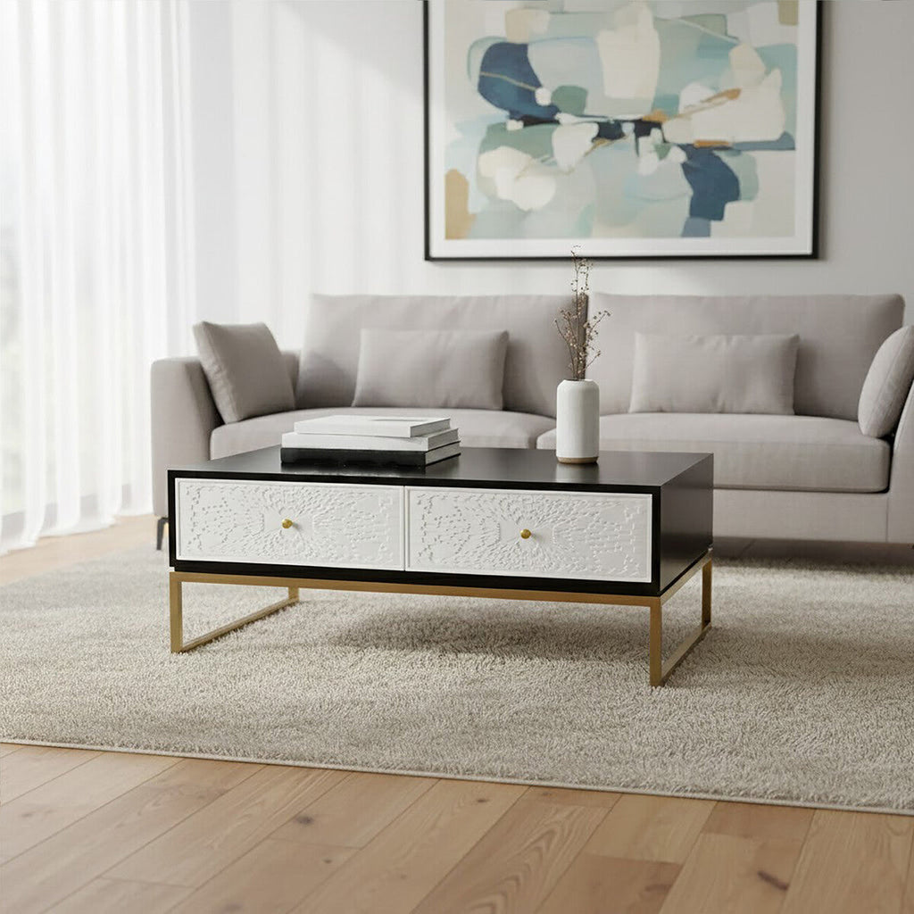 Black and White 4 Drawer Warm Metallic Finish Coffee Table with Gold Knob Handle | Dumas