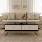 Black and White 4 Drawer Warm Metallic Finish Coffee Table with Gold Knob Handle | Dumas