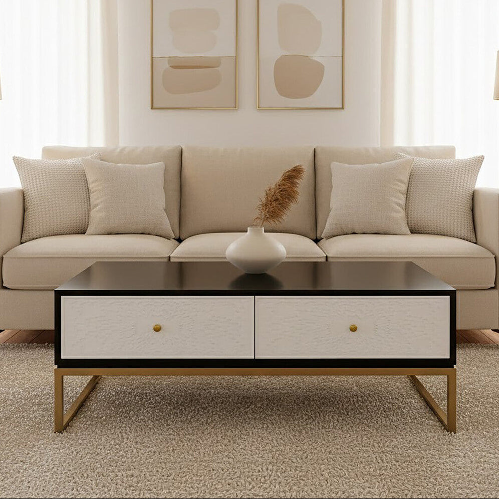 Black and White 4 Drawer Warm Metallic Finish Coffee Table with Gold Knob Handle | Dumas