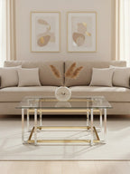 Clear Tempered Glass Top Coffee Table with Silver and Gold Stainless Steel Base | Elino