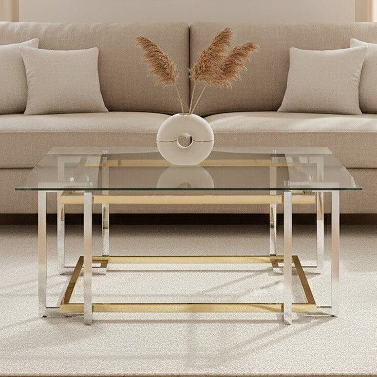 Clear Tempered Glass Top Coffee Table with Silver and Gold Stainless Steel Base | Elino