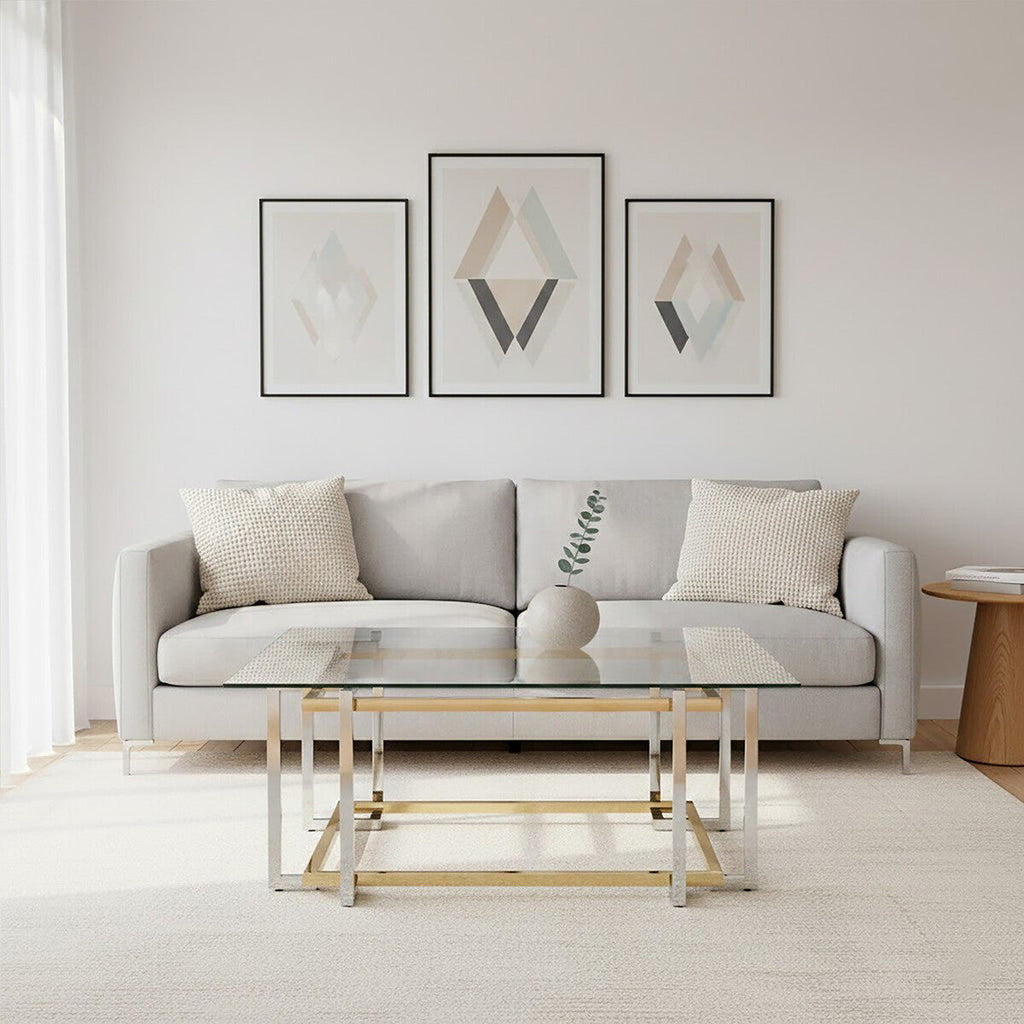 Clear Tempered Glass Top Coffee Table with Silver and Gold Stainless Steel Base | Elino