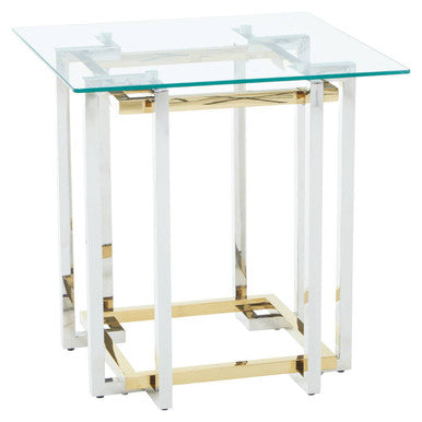 Clear Tempered Glass Top Side Table with Silver and Gold Stainless Steel Base | Elino