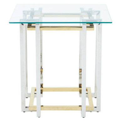 Clear Tempered Glass Top Side Table with Silver and Gold Stainless Steel Base | Elino