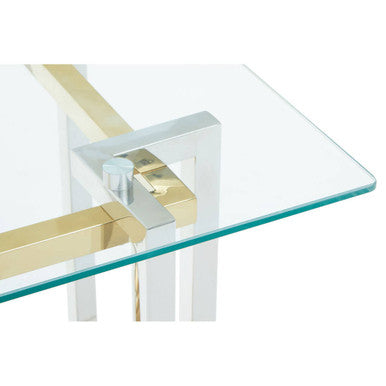 Clear Tempered Glass Top Side Table with Silver and Gold Stainless Steel Base | Elino