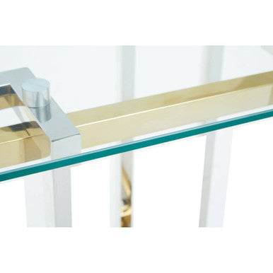 Clear Tempered Glass Top Side Table with Silver and Gold Stainless Steel Base | Elino