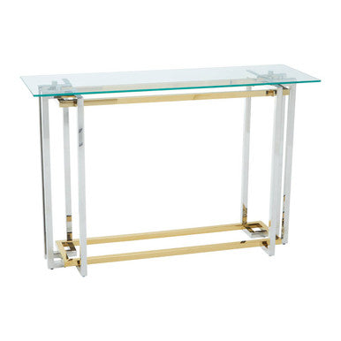Clear Tempered Glass Top Console Table with Silver and Gold Stainless Steel Base | Elino