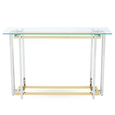Clear Tempered Glass Top Console Table with Silver and Gold Stainless Steel Base | Elino
