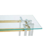 Clear Tempered Glass Top Console Table with Silver and Gold Stainless Steel Base | Elino