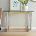 Clear Tempered Glass Top Console Table with Silver and Gold Stainless Steel Base | Elino