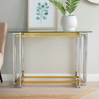 Clear Tempered Glass Top Console Table with Silver and Gold Stainless Steel Base | Elino