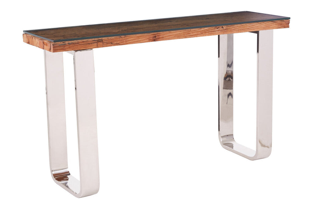 Natural Wood and Clear Glass Top Console Table with Silver U-Shaped Metal Legs, Kerala