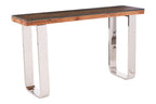 Natural Wood and Clear Glass Top Console Table with Silver U-Shaped Metal Legs, Kerala