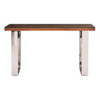 Natural Wood and Clear Glass Top Console Table with Silver U-Shaped Metal Legs, Kerala