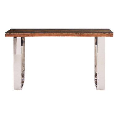 Natural Wood and Clear Glass Top Console Table with Silver U-Shaped Metal Legs, Kerala