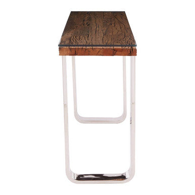 Natural Wood and Clear Glass Top Console Table with Silver U-Shaped Metal Legs, Kerala