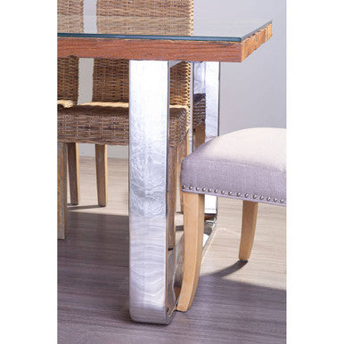 Natural Wood and Clear Glass Top Console Table with Silver U-Shaped Metal Legs, Kerala