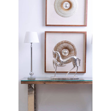 Natural Wood and Clear Glass Top Console Table with Silver U-Shaped Metal Legs, Kerala