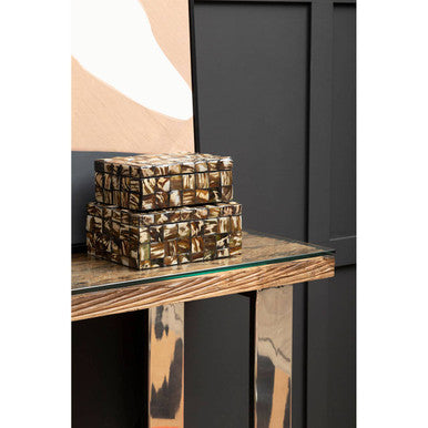 Natural Wood and Clear Glass Top Console Table with Silver U-Shaped Metal Legs, Kerala