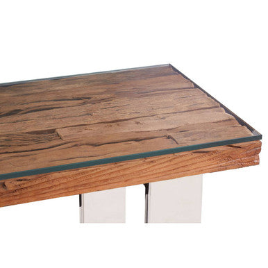 Natural Wood and Clear Glass Top Console Table with Silver U-Shaped Metal Legs, Kerala