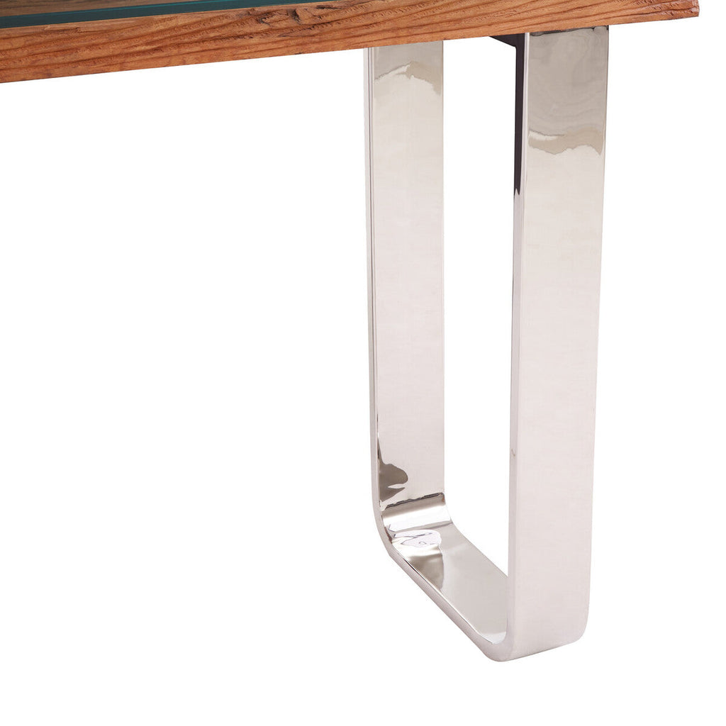 Natural Wood and Clear Glass Top Console Table with Silver U-Shaped Metal Legs, Kerala