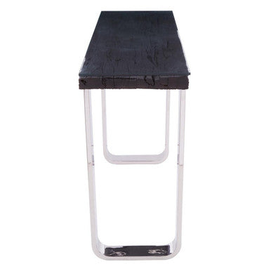 Black Wood and Clear Glass Top Console Table with Silver U-Shaped Metal Legs | Kerala