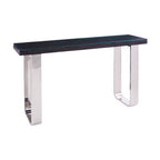 Black Wood and Clear Glass Top Console Table with Silver U-Shaped Metal Legs | Kerala