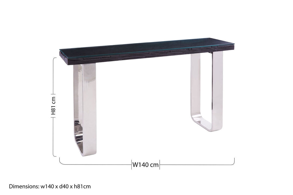 Black Wood and Clear Glass Top Console Table with Silver U-Shaped Metal Legs | Kerala