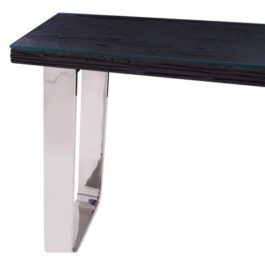Black Wood and Clear Glass Top Console Table with Silver U-Shaped Metal Legs | Kerala