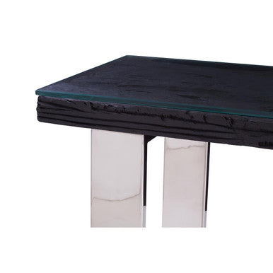 Black Wood and Clear Glass Top Console Table with Silver U-Shaped Metal Legs | Kerala