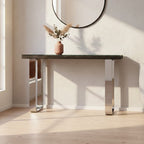 Black Wood and Clear Glass Top Console Table with Silver U-Shaped Metal Legs | Kerala
