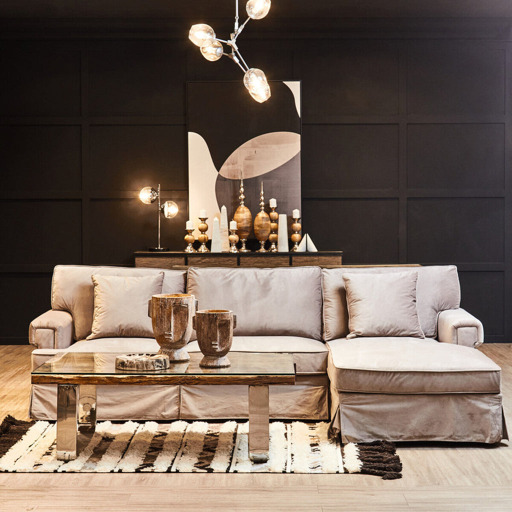 Natural Wood and Clear Glass Top Coffee Table with Silver U-Shaped Metal Legs, Kerala