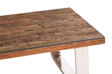 Natural Wood and Clear Glass Top Coffee Table with Silver U-Shaped Metal Legs, Kerala