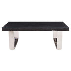 Black Wood and Clear Glass Top Coffee Table with Silver U-Shaped Metal Legs, Kerala