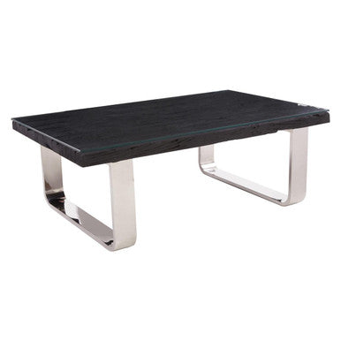 Black Wood and Clear Glass Top Coffee Table with Silver U-Shaped Metal Legs, Kerala